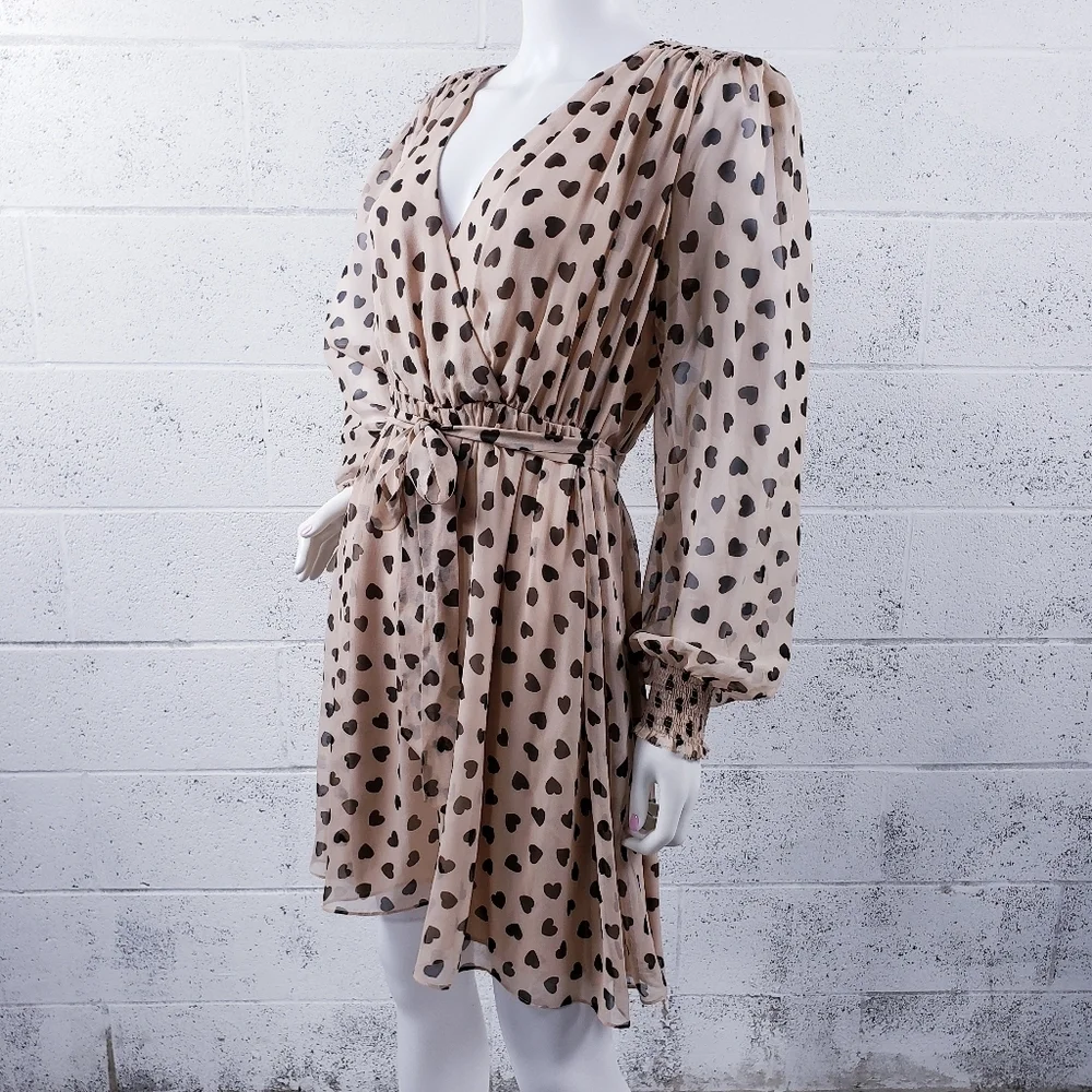 KATE SPADE Heartbeat Silk Faux Wrap Dress Tan Black Hearts Belted V-Neck Size 10